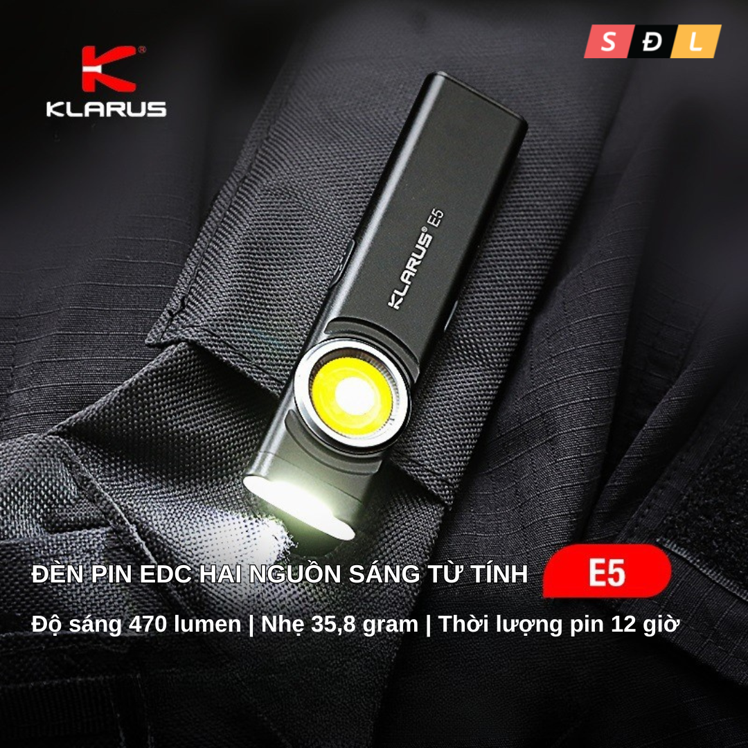 Đèn pin EDC KLARUS E5 sáng 600Lm trang bị 2 LED COB có đuôi nam châm tích Đèn pin EDC KLARUS E5 sáng 600Lm trang bị 2 LED COB có đuôi nam châm tích