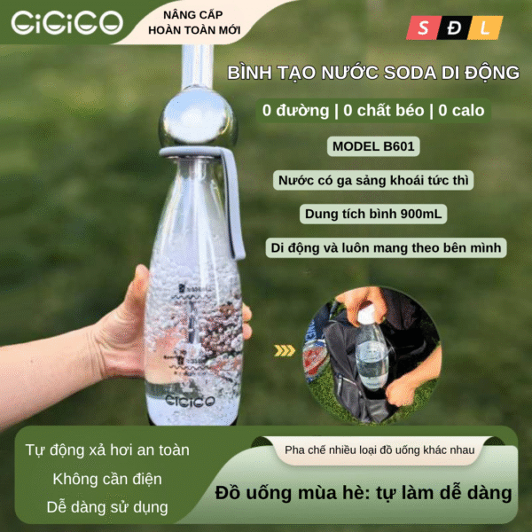 Bình tạo nước Soda di động CiCiCo B601 dung tích 900mL nạp được Soda cho nước ép trái cây