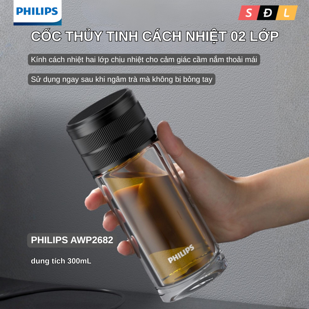 Bình thủy tinh cách nhiệt Philips AWP2682 dung tích 300mL có lõi lọc trà Bình thủy tinh cách nhiệt Philips AWP2682 dung tích 300mL có lõi lọc trà