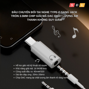 Đầu chuyển đổi tai nghe Type-C sang jack tròn 3.5mm chip giải mã DAC chất lượng âm thanh không suy giảm