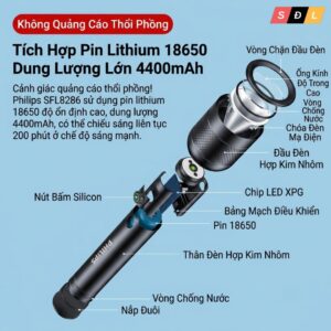 Đèn pin cao cấp ánh sáng mạnh | tự vệ | cứu hộ | thiết kế bền bỉ Philips SFL8286 với tay cầm dài 7 8 7